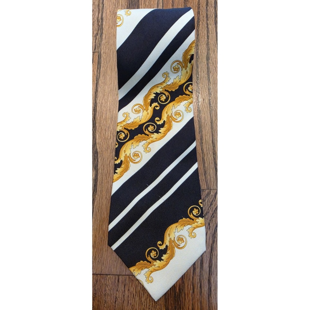 Vintage 90s Gianni Versace Silk Tie – Iconic Gold Baroque & Black Stripe